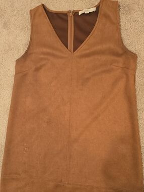 LOFT Camel Faux Suede Sleeveless V-Neck Shift Dress